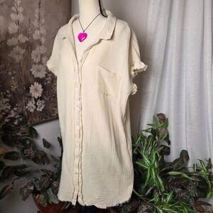 Umgee USA Cream Cotton Gauze Frayed Button Down Tunic Shirt A6841 Large